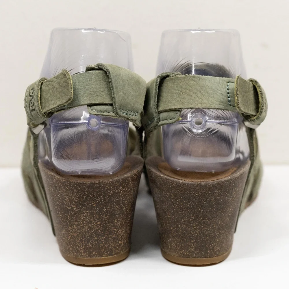 TEVA Mahonia Cross Strap Cork Wedge Leather Sandals Olive Green Sz 7.5